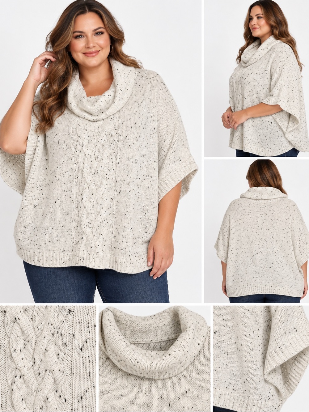 Avenue Plus Size 22/24 Cable Knit Cowl Neck Poncho Sweater Ivory Speckled